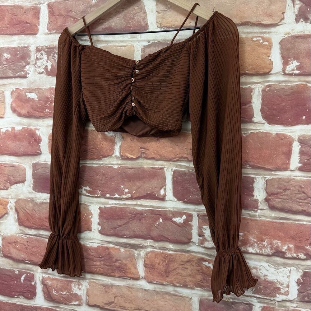 Zara Crop Top Shirt Women's Small Brown Boho Festival Romantic Pleated Button Up - Picture 2 of 7